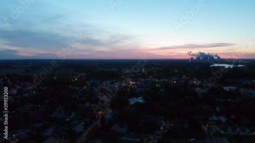 Industrial European city in Lusatia East Germany, sunset aerial panoramic view