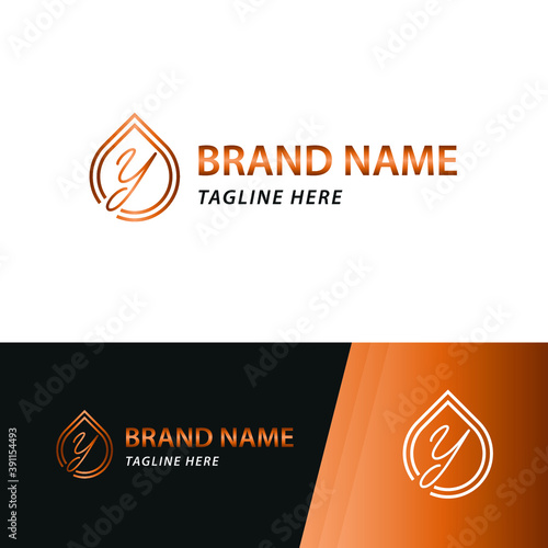 Elegant luxury initial Y letter for cosmetic, make up, hotel, boutique business logo concept with golden line art liquid or water drop icon
