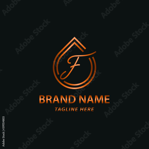 Elegant luxury initial F letter for cosmetic, make up, hotel, boutique business logo concept with golden line art liquid or water drop icon