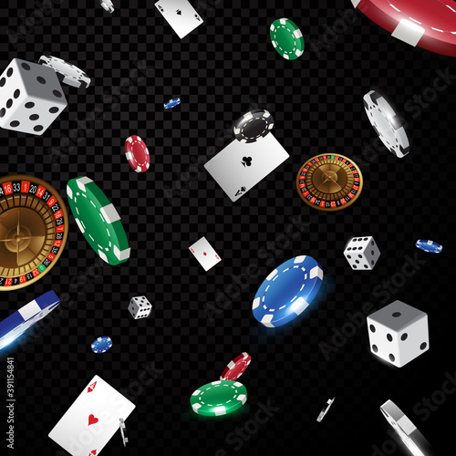 Multicolored Casino poker chips falling isolated on black transparency background