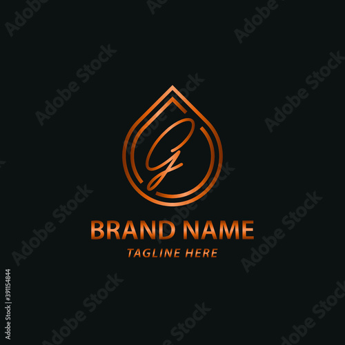 Elegant luxury initial G letter for cosmetic, make up, hotel, boutique business logo concept with golden line art liquid or water drop icon
