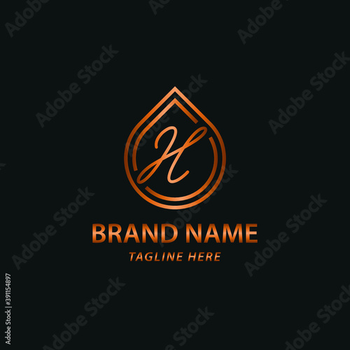 Elegant luxury initial H letter for cosmetic, make up, hotel, boutique business logo concept with golden line art liquid or water drop icon