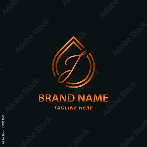 Elegant luxury initial J letter for cosmetic, make up, hotel, boutique business logo concept with golden line art liquid or water drop icon