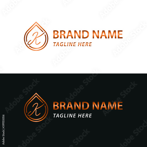 Elegant luxury initial K letter for cosmetic, make up, hotel, boutique business logo concept with golden line art liquid or water drop icon