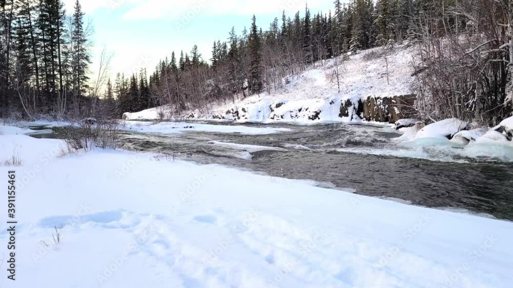 4K video of a flowing River near Cameron river falls in the winter time, 4K video of a flowing River near Cameron river falls in the winter time,