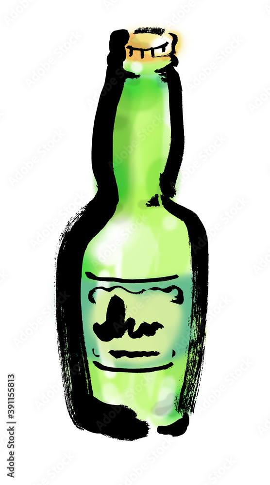 緑色の瓶ビールの手描きイラスト 緑色の瓶ビールの手描きイラスト