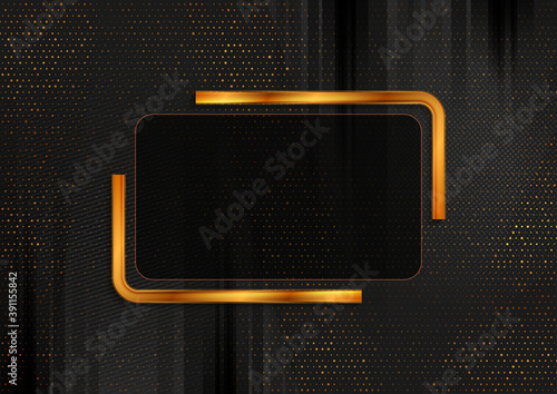 Black golden glitter background with bronze geometric frame. Abstract technology design
