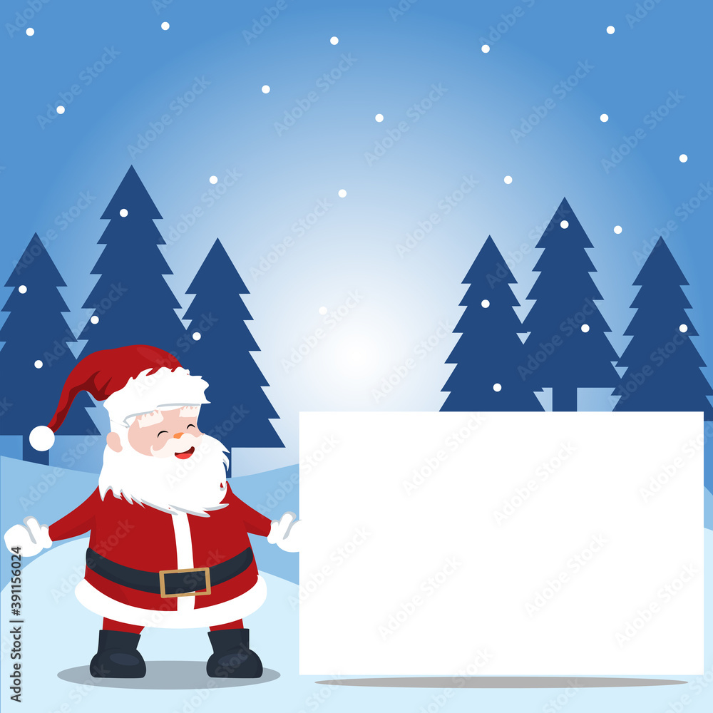 landscape falling snow with pine trees and santa claus standing showing banner for edit
landscape falling snow with pine trees and santa claus standing showing banner for edit