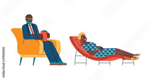 Psychotherapy counseling scene with black people, flat cartoon vector illustration isolated on white background. Psychologist african american man and his patient woman.