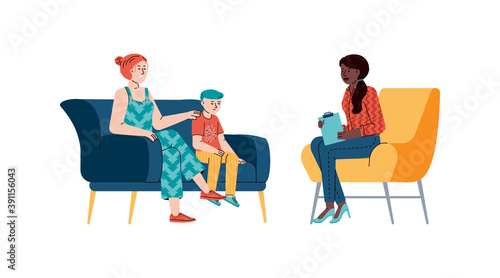 Psychotherapy counseling and treatment stress, addictions, mental and behavioral problems for children. Mother with son at therapy session on psychologist. Vector illustration