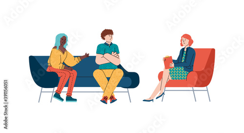 Family or couple psychologist consultation with people discussing relationships problems with psychiatrist, flat cartoon vector illustration isolated on white background.