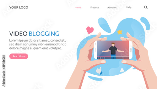 Landing page template of Internet blogger recording media content. influencer filming video blog vector illustration.