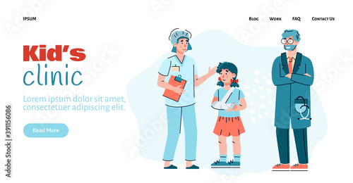 Kids clinic website with pediatrician, nurse and child patient cartoon characters, flat vector illustration. Medical clinic and hospital, trauma treatment for children.