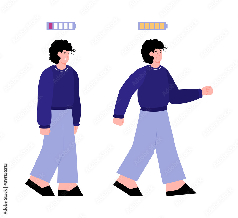 Set of two men showing different energy levels, flat cartoon vector illustration isolated on white background. Man full of energy and tired exhausted person. Set of two men showing different energy levels, flat cartoon vector illustration isolated on white background. Man full of energy and tired exhausted person.