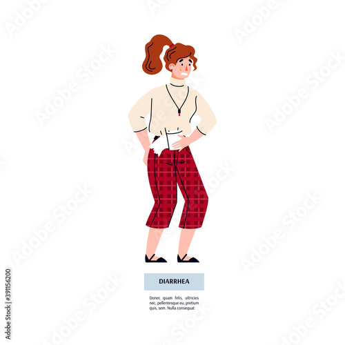 Young woman with diarrhea and stomach pain. Symptoms of food poisoning, appendicitis, digestive problem or illness intestine. Vector isolated illustration.