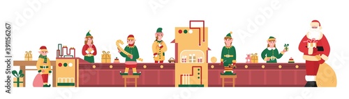 Christmas gifts and toys factory banner design with cartoon characters of elves helping Santa Claus, flat vector illustration isolated on white background.