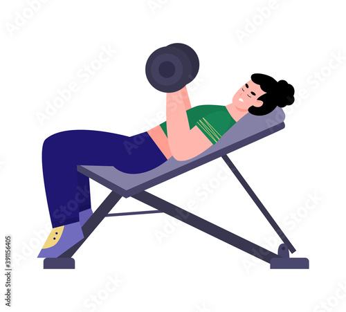 Athletic sport woman pushing dumbbells in gym, flat cartoon vector illustration isolated on white background. Sports training and muscle building workout.