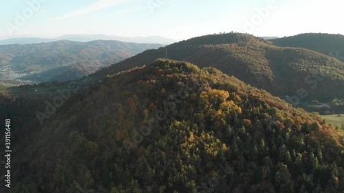 Slow circular shot of the pyramid of sun in the bosnian tale of the pyramids, next to Visoko. Sunny day aerial wide shot. photo