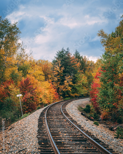 Railroad tracks and autumn color in Onawa, Maine
