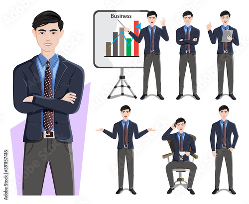 Businessman character vector set. Business man characters in demo presentation pose and gestures for male marketing cartoon collection design. Vector illustration