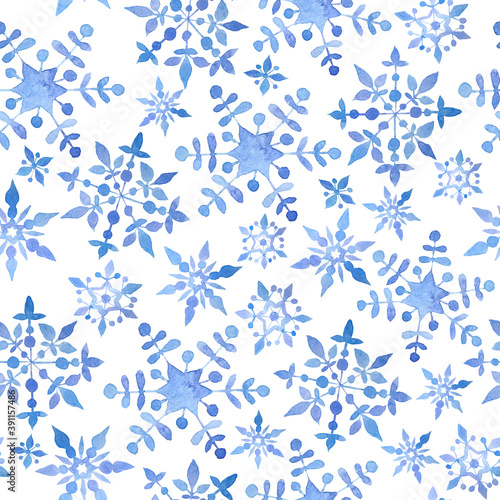 Watercolor hand drawn seamless pattern with blue elegant snowflakes for Christmas new year design wrapping paper textile. Electric blue snow frost pastel invitation celebration. Winter background.