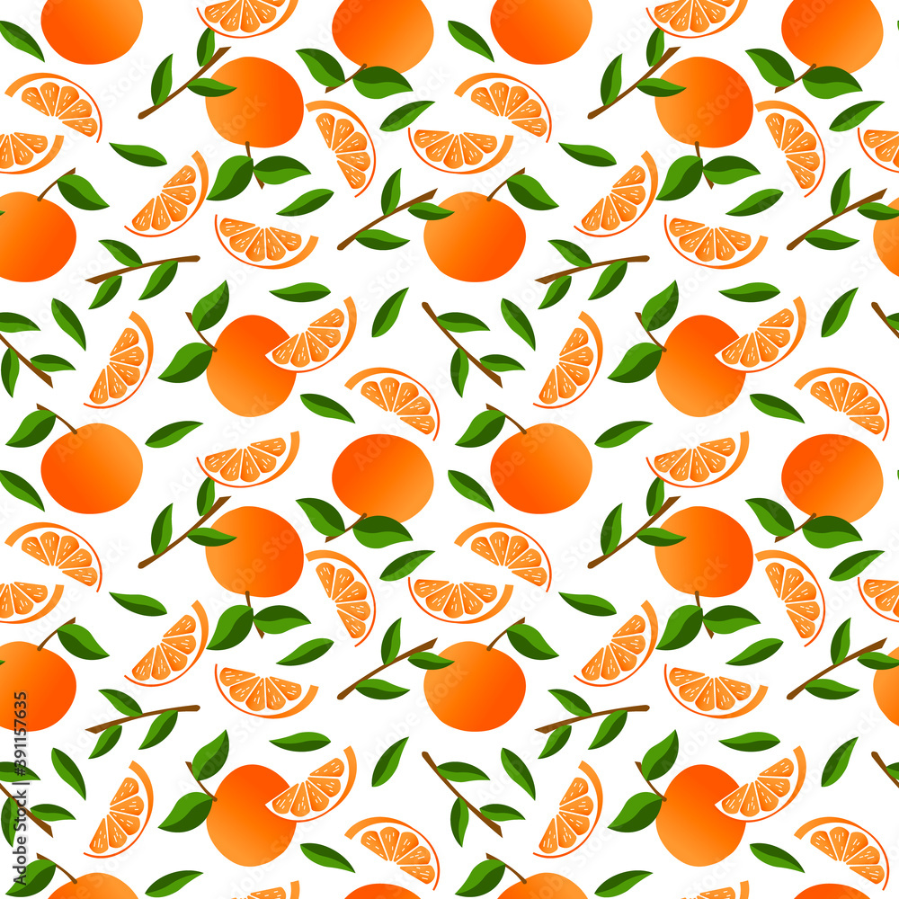 Pattern with oranges and slices. Vector illustration isolated on white background. For packaging, scrapbooking, fabric and decoration. Fresh fruits. Pattern with oranges and slices. Vector illustration isolated on white background. For packaging, scrapbooking, fabric and decoration. Fresh fruits.