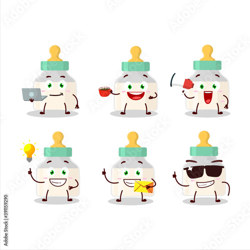 Baby pacifier with white milk cartoon character with various types of business emoticons