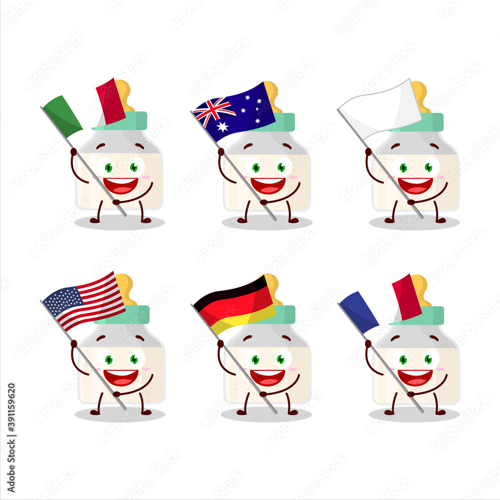 Baby pacifier with white milk cartoon character bring the flags of various countries Baby pacifier with white milk cartoon character bring the flags of various countries