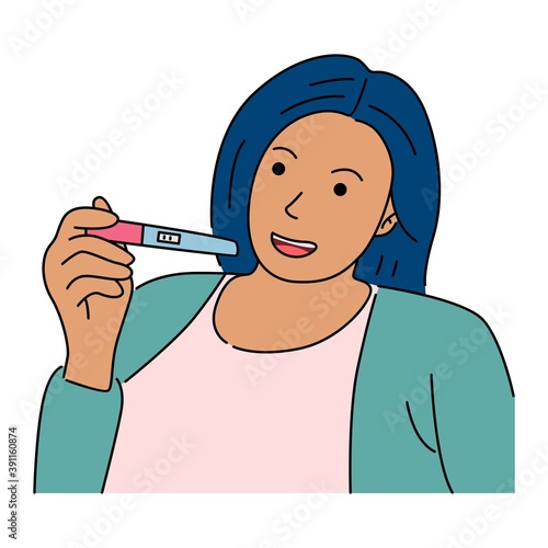 Woman holding pregnancy test pack with 2 red bar result positive in cartoon flat illustration. White isolated background