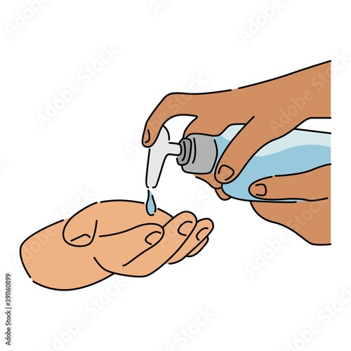 Hands using hand sanitizer gel pump dispenser or alcohol to protect Covid-19 virus or coronavirus. Vector illustration isolated on white background