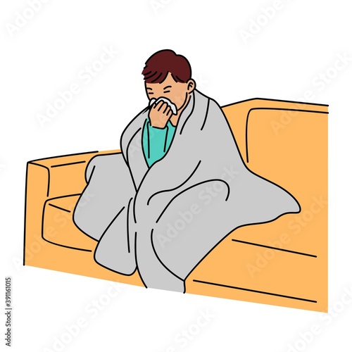 Sick cute boy sitting in sofa with a tissue in mouth and feel so bad with fever. Vector illustration isolated on white background