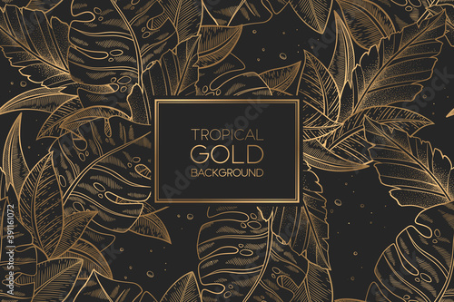 Vector seamless pattern with gold trendy exotic palm and monstera leaves isolated on black background. Elegant design for print, fabric, wallpaper, card, invitation