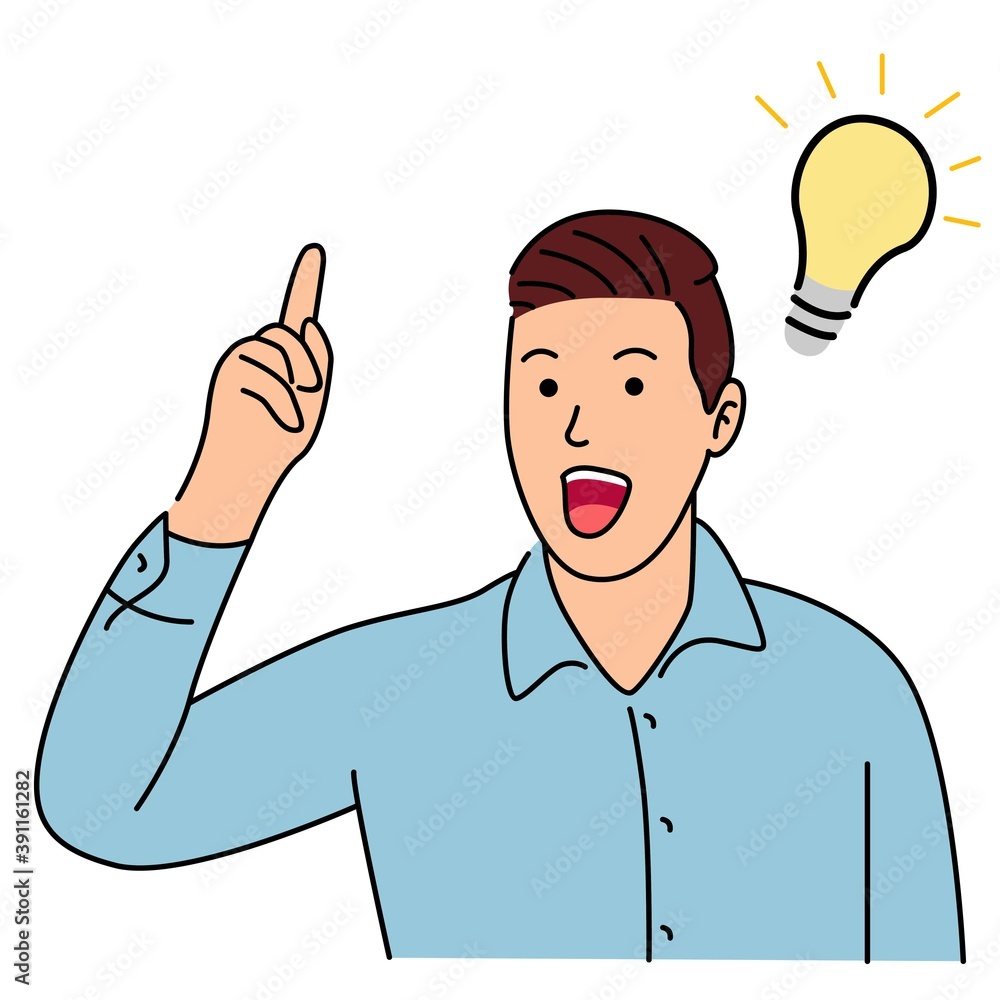 Man standing thinking get idea. Thoughtful people understand the problem. Happy youngman find successful solution. Cartoon vector illustration Man standing thinking get idea. Thoughtful people understand the problem. Happy youngman find successful solution. Cartoon vector illustration