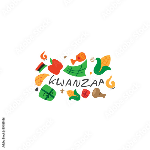 writing kwanzaa with apples, corn, cups, candles, suitable for kwanzaa events printed on t-shirts, stickers, abnner and others