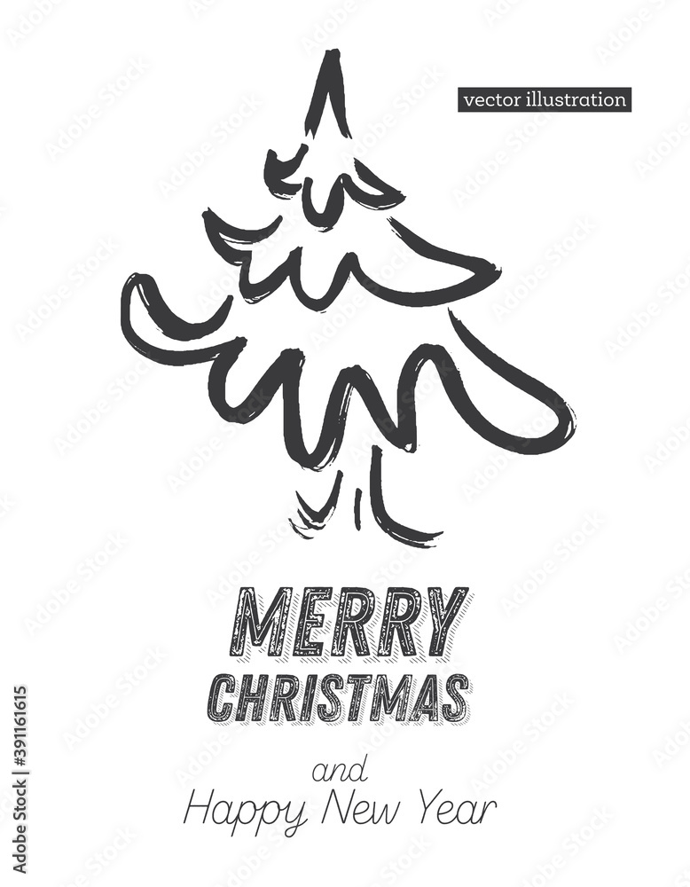 Christmas Tree Sketch Isolated on White Background. Merry Christmas. Silhouette of Hand Drawn Spruce Tree.