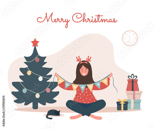 Smiling islamic woman decorating Christmas tree. New year vintage postcard. The girl unwinds the garland. Preparing home before holiday celebration. Cute vector illustration in flat cartoon style.