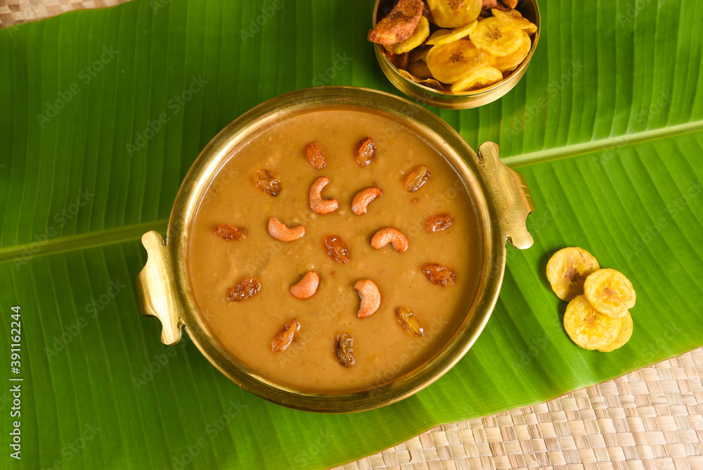 Parippu Payasam Pradhaman or Moong Dal Kheer Indian sweet Kerala food for  Onam festival special dessert