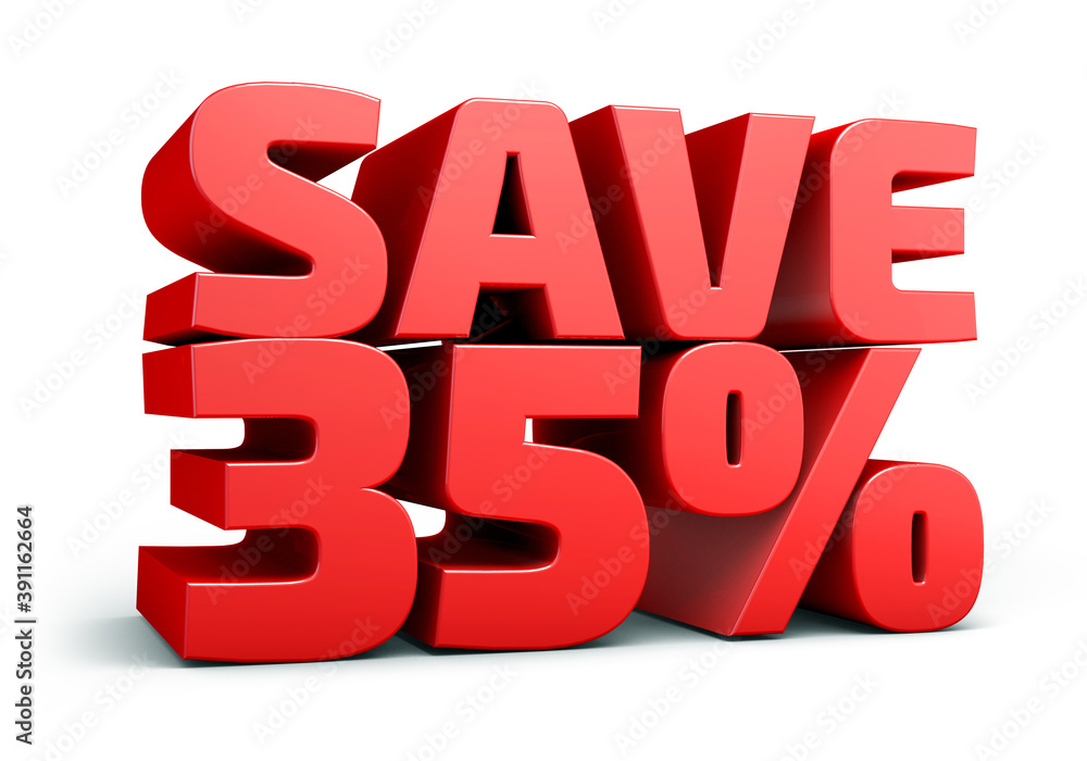 Red text, save 35% isolated on white background discount. 35 percent. Sales concept. 3d illustration.
Red text, save 35% isolated on white background discount. 35 percent. Sales concept. 3d illustration.