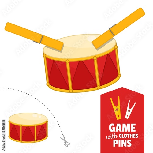 Printable educational game with clothespins. Activity for presсhool years kids and toddlers. Drum game template.