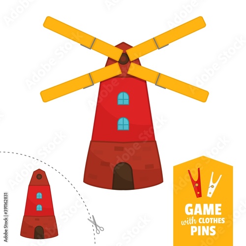 Printable educational game with clothespins. Activity for presсhool years kids and toddlers. Mill game template.