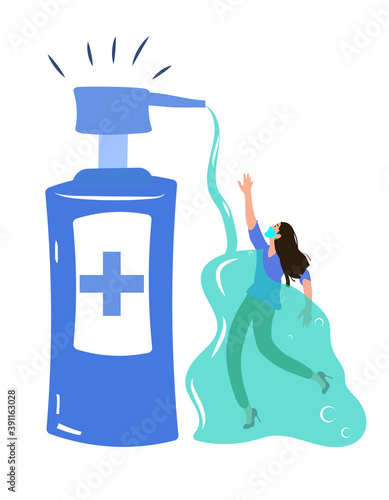  Hygiene to stop spreading coronavirus.Girl drowning in antibacterial gel.Antibacterial gel use.Prophylaxis and hygiene