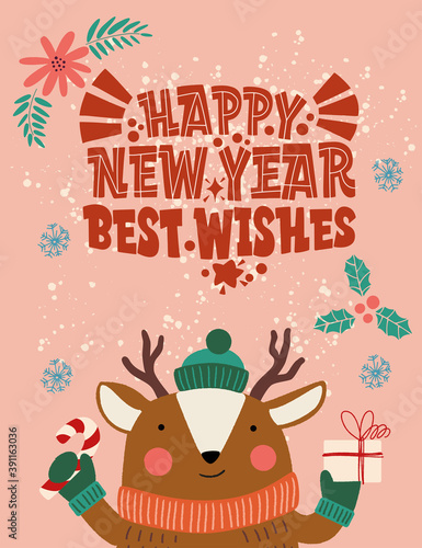 Happy new year best wishes. Deer in a hat and scarf with a gift in hand. Great lettering for greeting cards  stickers  banners  prints and home interior decor. Xmas card. Merry Christmas 2021.