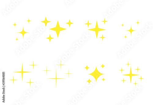Yellow spark emoji icons set. Golden glowing stars symbols collection. Bright christmas stars twinkle vector isolated