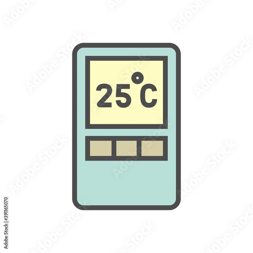 Remote control of air conditioner vector icon. Device is home appliance with technology, button or switch for operation or adjust level of heat, cool, moisture, wind blow, direction, power and energy.