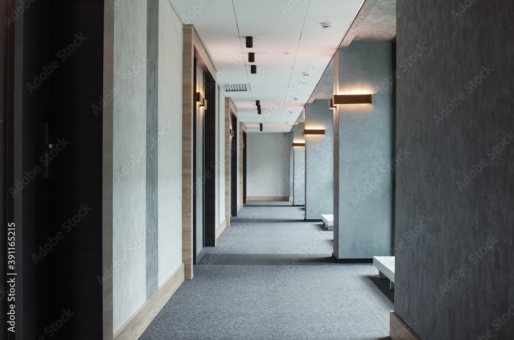 gray modern corridor with lighting - obrazy, fototapety, plakaty 