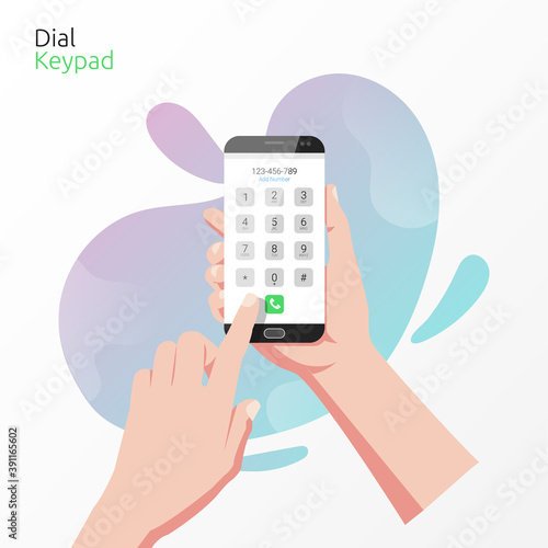 Hand holding smartphone with dial keypad app concept. Technology for calling with liquid background vector illustration.