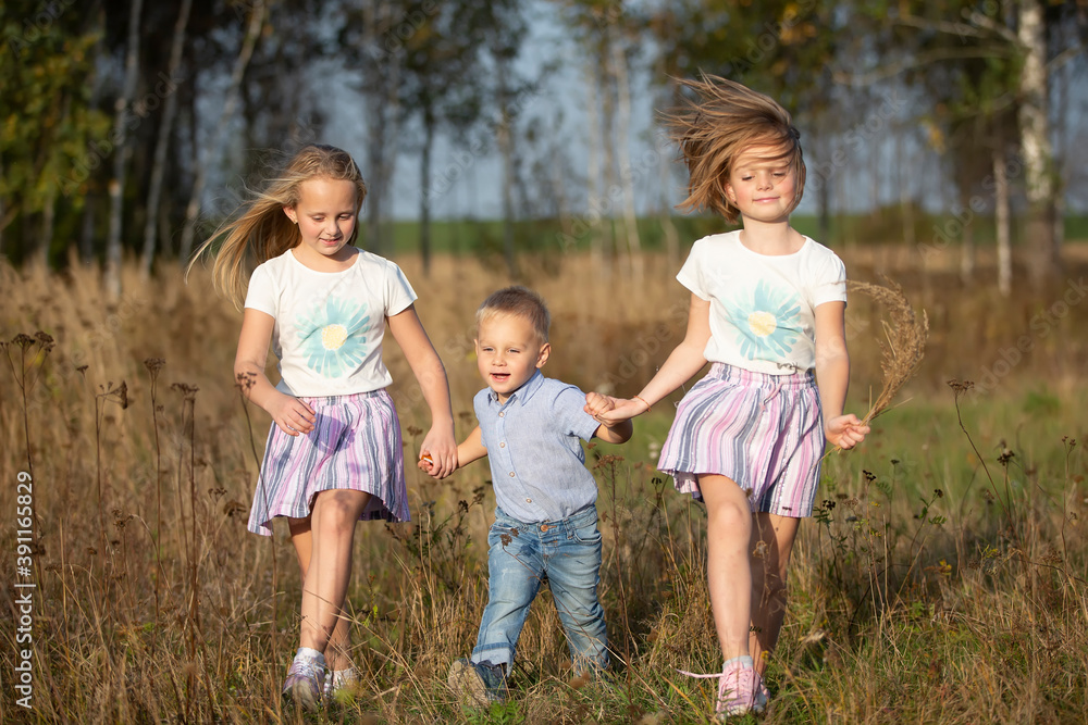 Happy family: sisters and little brother on a summer meadow.