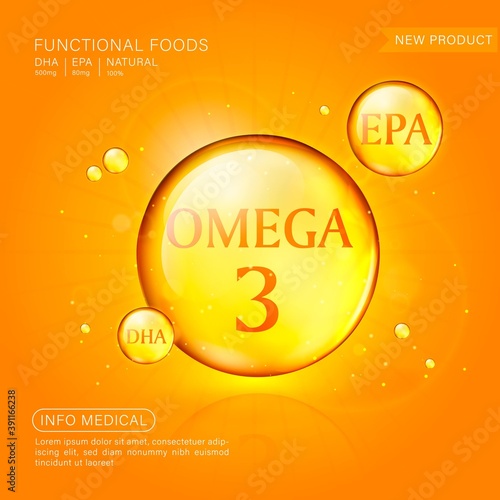 Fish oil ads template, omega-3 softgel with its package. Deep sea background. 3D illustration.