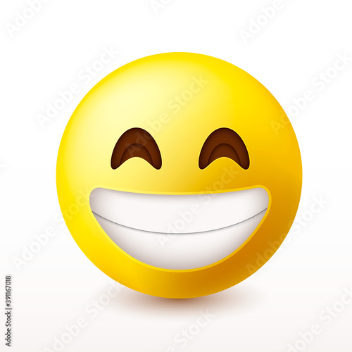 Beaming face emoji with smiling eyes and a broad, open smile with a full-toothed grin as if saying Cheese! for the camera