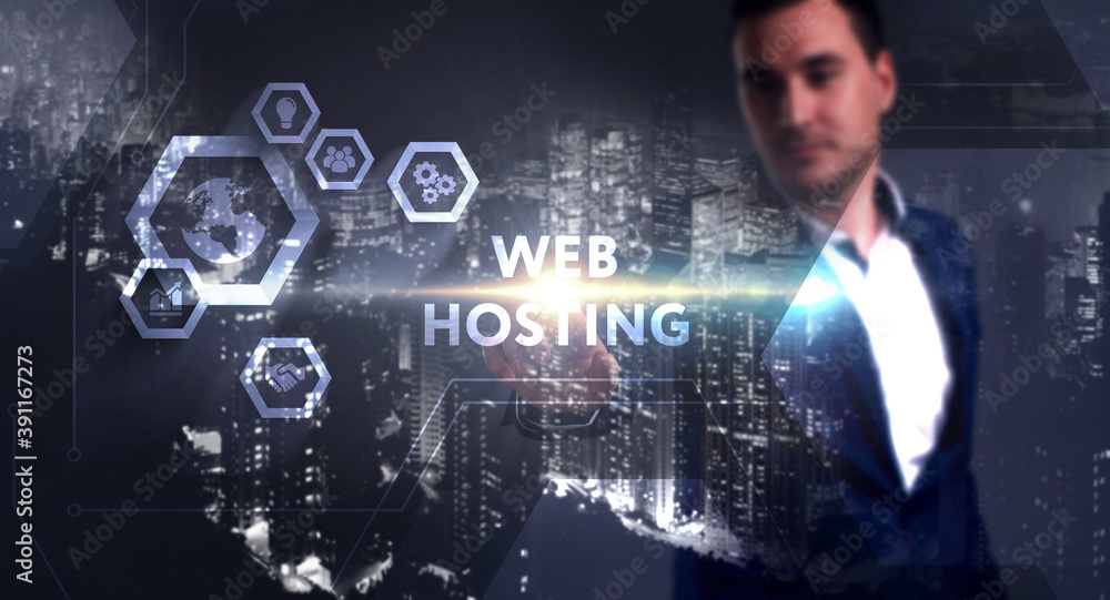 Business, Technology, Internet and network concept. Young businessman working on a virtual screen of the future and sees the inscription: Web hosting Business, Technology, Internet and network concept. Young businessman working on a virtual screen of the future and sees the inscription: Web hosting